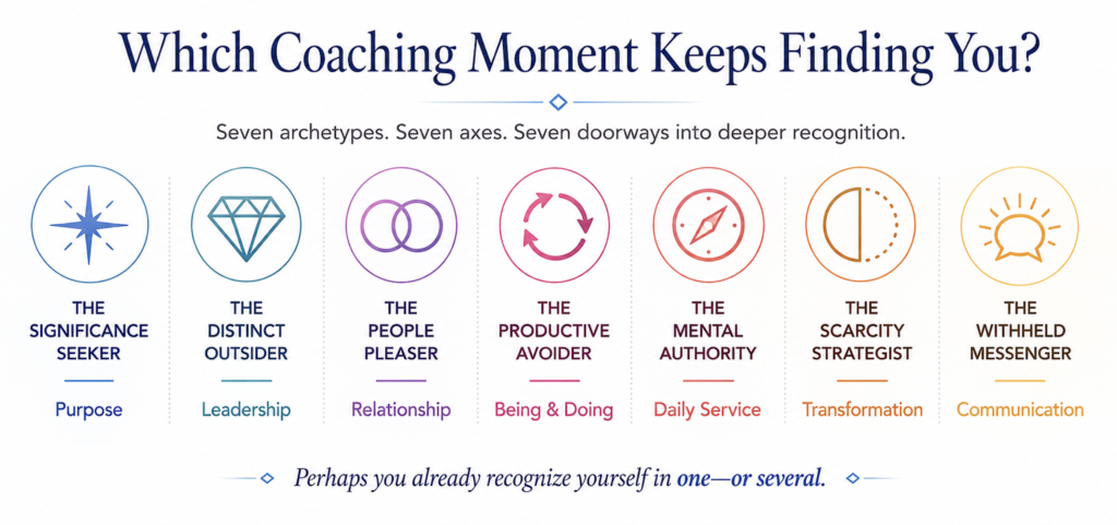 Use The Coach’s Field Guide™ to understand the 7 archetypes that will guide you into deeper recognition and embodiment of your Purpose, Leadership, Relationship, Being and Doing, Daily Service, Transformation, and Communication.