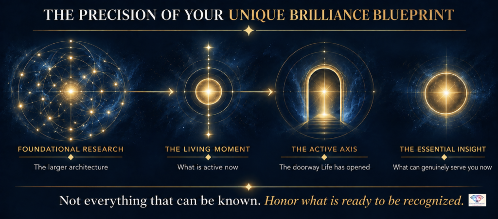 Unique Brilliance Blueprint process moving from foundational research through the living moment and active Axis to the essential insight ready to be recognized.