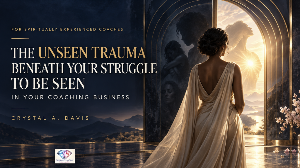 A spiritual coach stands before seven golden doorways as shadowed aspects of herself emerge into radiant light, symbolizing the journey from Unseen Trauma and protection through Precise Recognition to wholeness and unconditional love.
